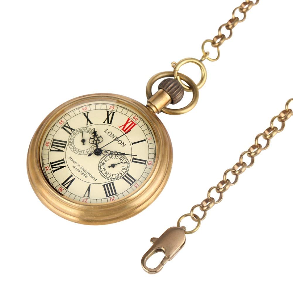 Reloj de Bolsillo Antiguo de Cobre de Londres, 1856, Reloj de Bolsillo mecánico Antiguo de 5 manecillas y Cuerda Manual, Reloj de Bolsillo para Hombre con Esqueleto, Cadena de 30 cm