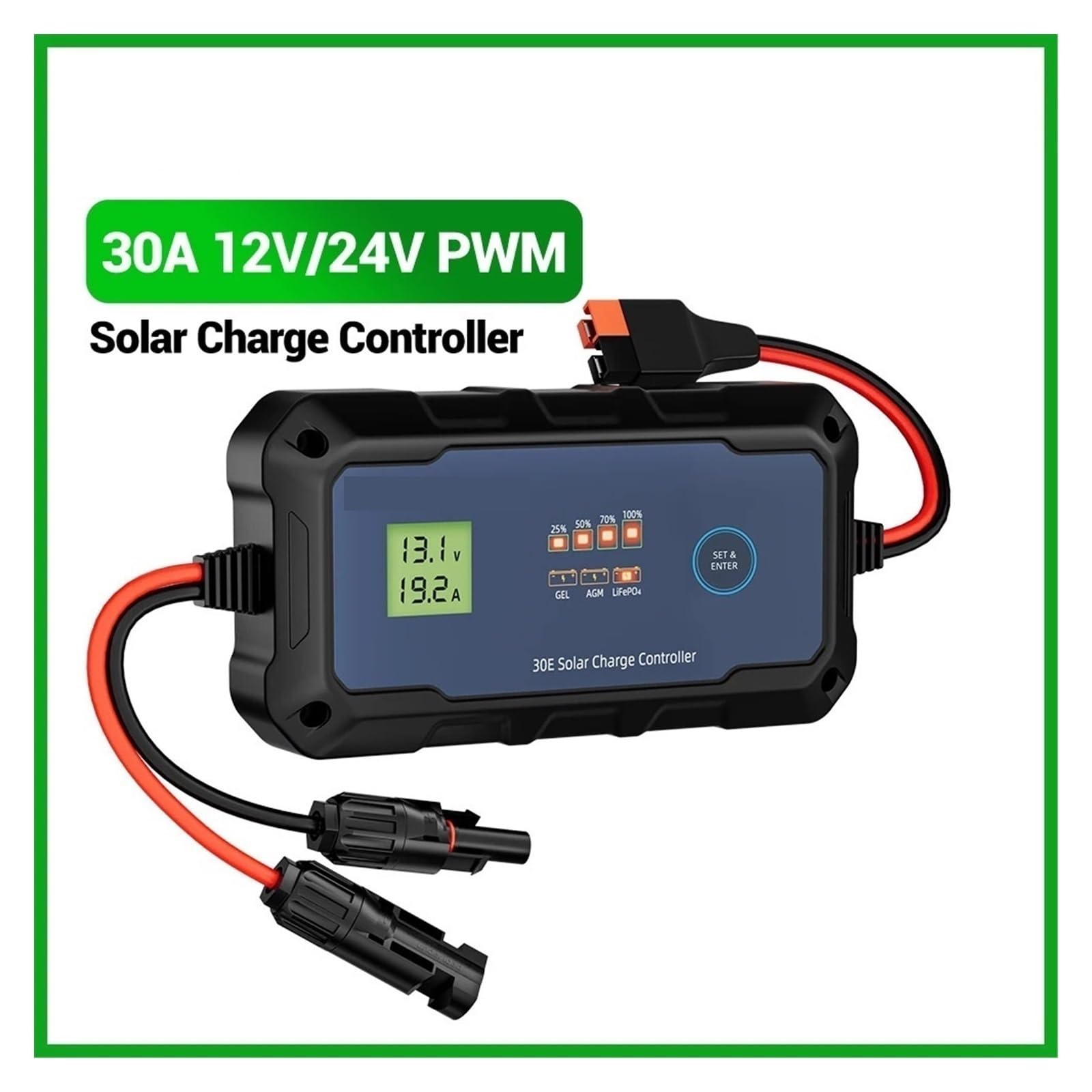 Kontroler ładowania słonecznego, Kontroler Ładowania Słonecznego 30A 12V 24V, PWM Inteligentny Przenośny Regulator Solarny And Play, Wyświetlacz LCD
