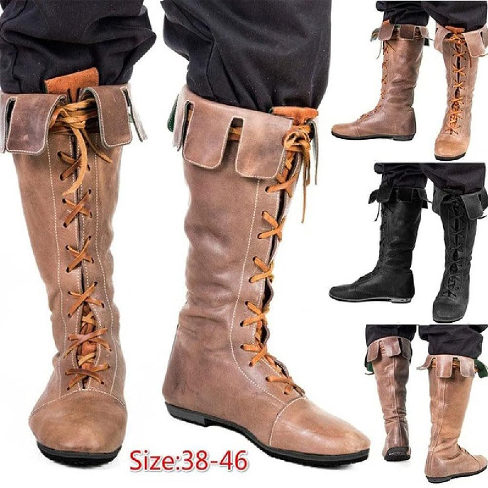 ORANDESIGNE Homme Médiéval Bottes en Cuir PU Rétro Bottes de Chevalier Lace-Up Plate Bottes Vintage Bout Rond Talon Chunky Bottes Knight Pirate Bottes Mi-Mollet