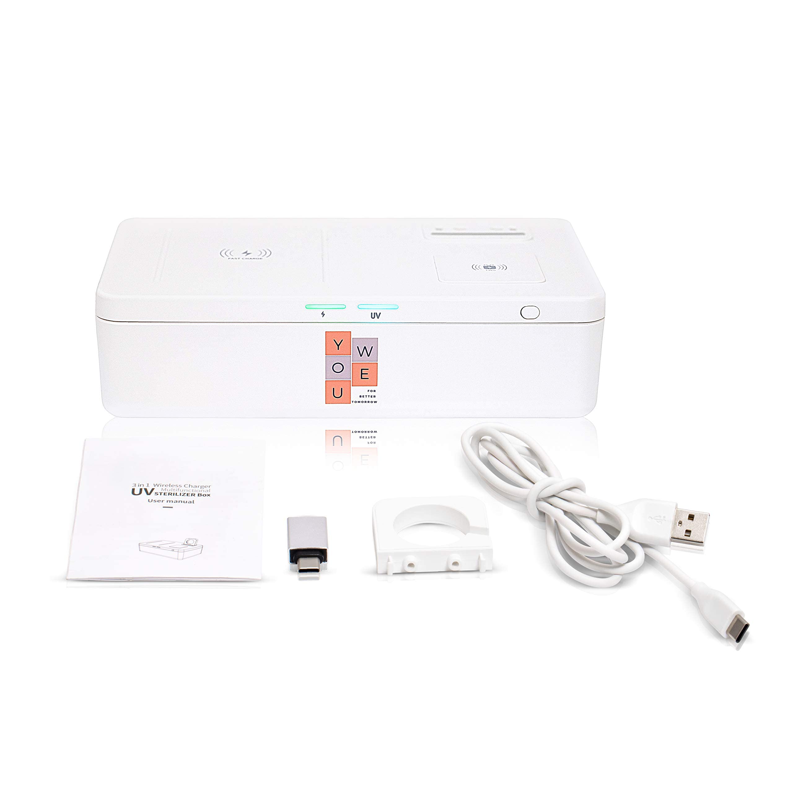 YouWe - Caricabatterie wireless 3 in 1 da 15 W, con sterilizzazione UV, compatibile con iPhone, telefoni Android e AirPods abilitati Qi