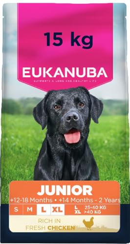Eukanuba Junior Hundefutter Trocken mit frischem Huhn für große Rassen, Premium Trockenfutter für heranwachsende Hunde, 15 kg