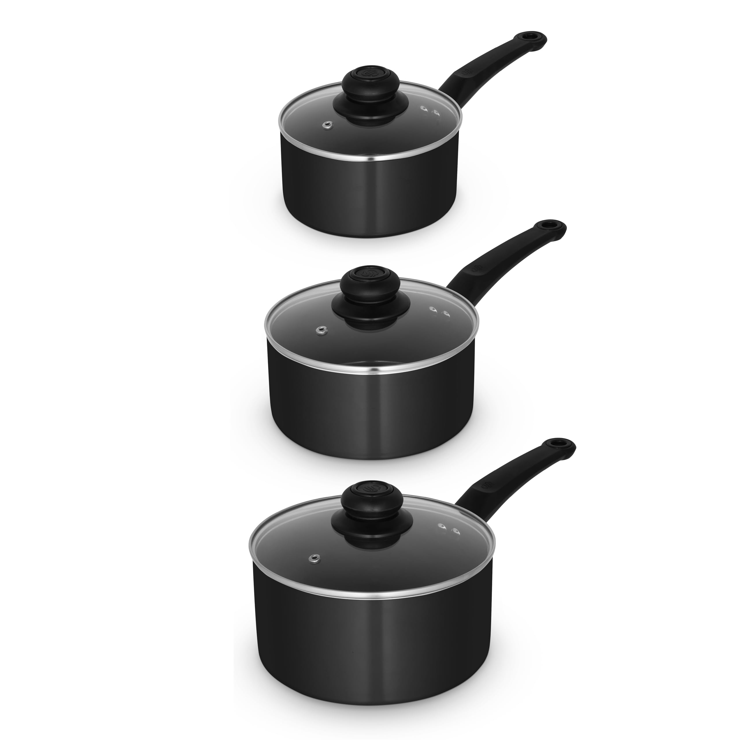 Swan Townhouse 3 Piece Saucepan Set with 16/18/20cm Saucepans with Glass Lids, Bakelite Handles, Suitable for All Hob Types (excluding Induction), Oven Safe, Black
