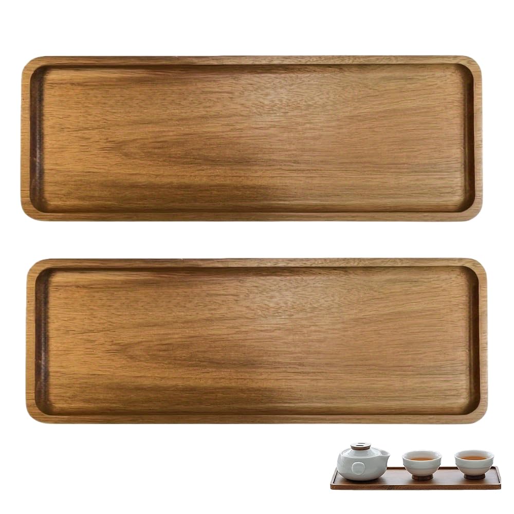 Rdunulioo 2-Pack Solid Acacia Wood Trays – 29 x 10.8 cm Rectangular Serving and Organizer Trays with Raised Edges, for Kitchen, Bathroom Vanity, Countertop Organization, and Food Display