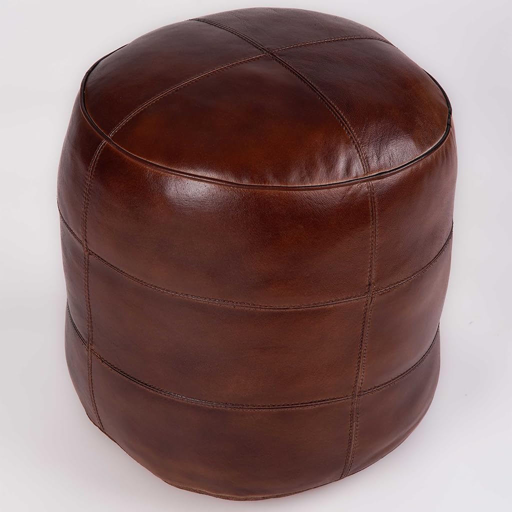 Round Shaped Buffalo Leather Handmade Eco-Friendly Brown Pouf -Round Pouf, 21"x 21"x12", Plain Solid Pouf, Buffalo Leather Pouf, Recycled Foam with Fibre Fill Stuffed Pouf, Seating Pouf PF43