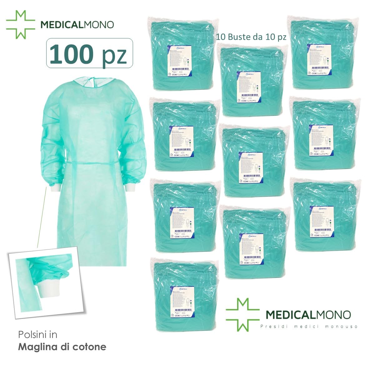 Camici visitatore monouso TNT 25 gr Polsini in Cotone Idrorepellente Verde