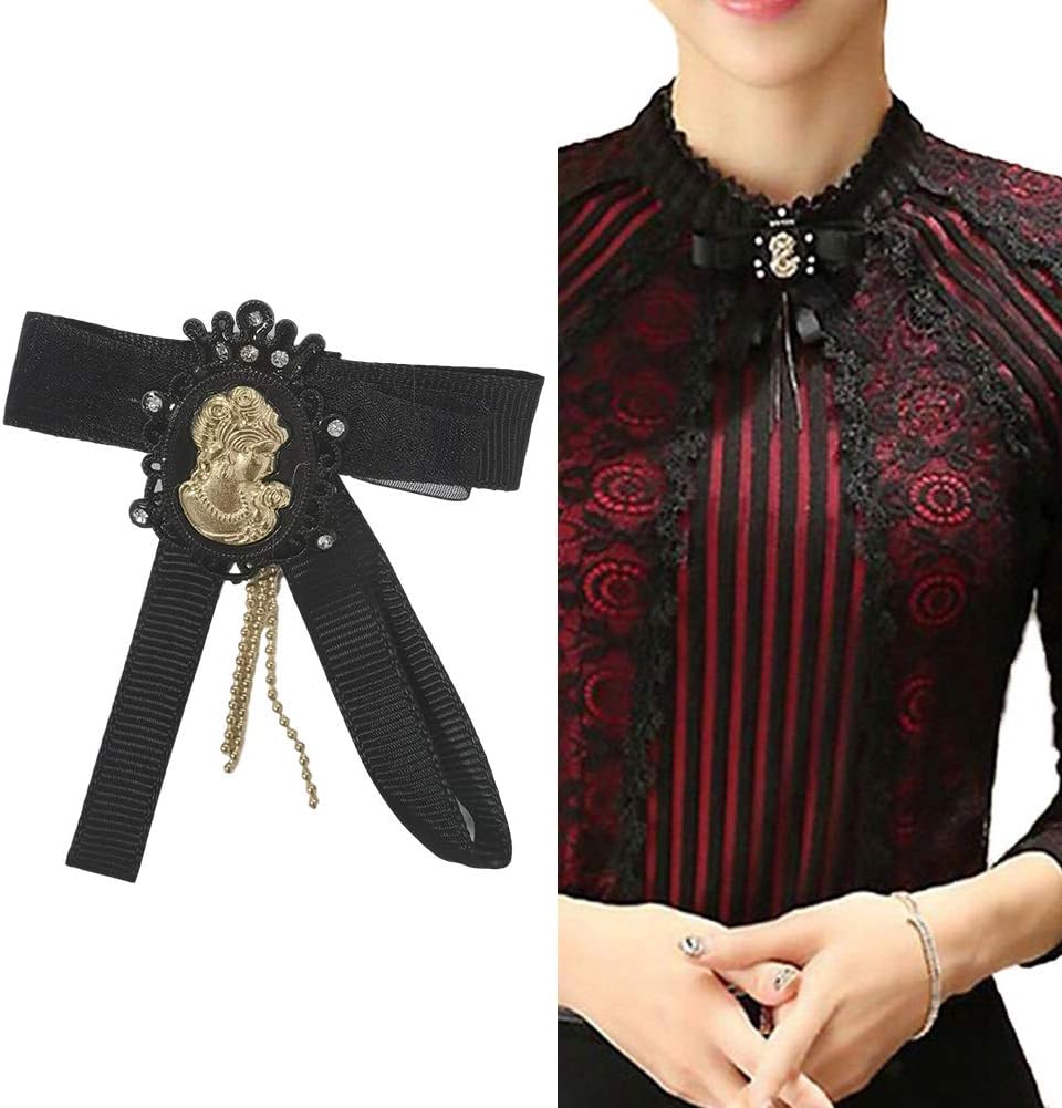 SansoiSan Women Bow Tie Embellishment Removable Brooch for Shirt Black and Beige (2 Pack) - Image 2