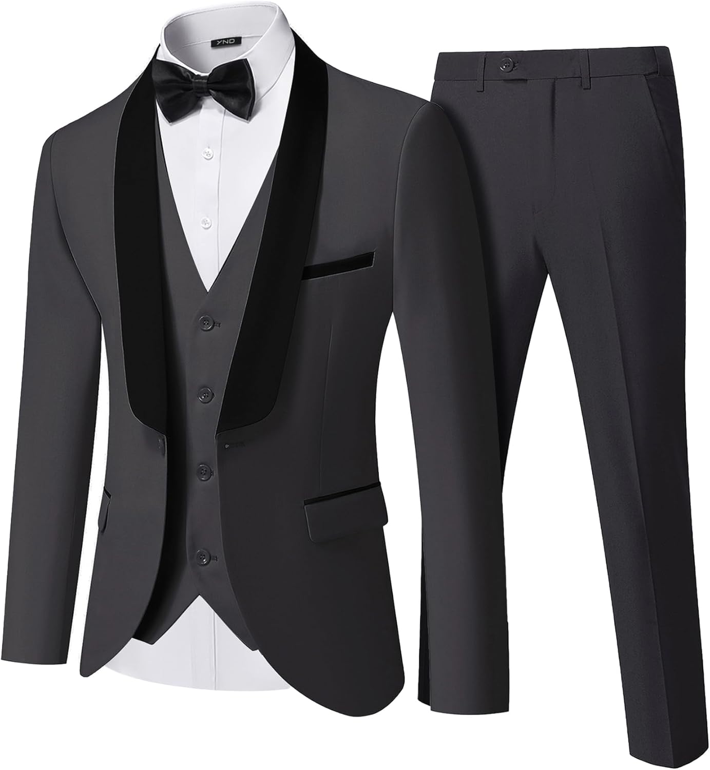 YND Men's 3 Piece Slim Fit Tuxedo Suit Set, One Button Shawl Lapel Solid Blazer, Jacket Vest Pants with Bow Tie