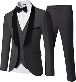 Men's 3 Piece Slim Fit Tuxedo Suit Set, One Button Shawl Lapel Solid Blazer, Jacket Vest Pants with Bow Tie
