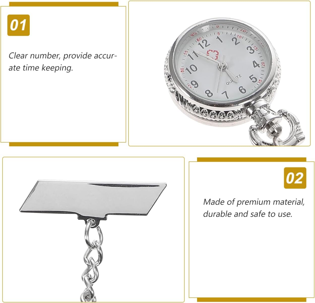TEHAUX Nurse Pocket Watch Clip on Badge Watch for Nurses and Doctors Hanging Fob with Clear Round Dial for Easy Time Reading 2.95 X 0.98 X 0.47 in 1 Pack