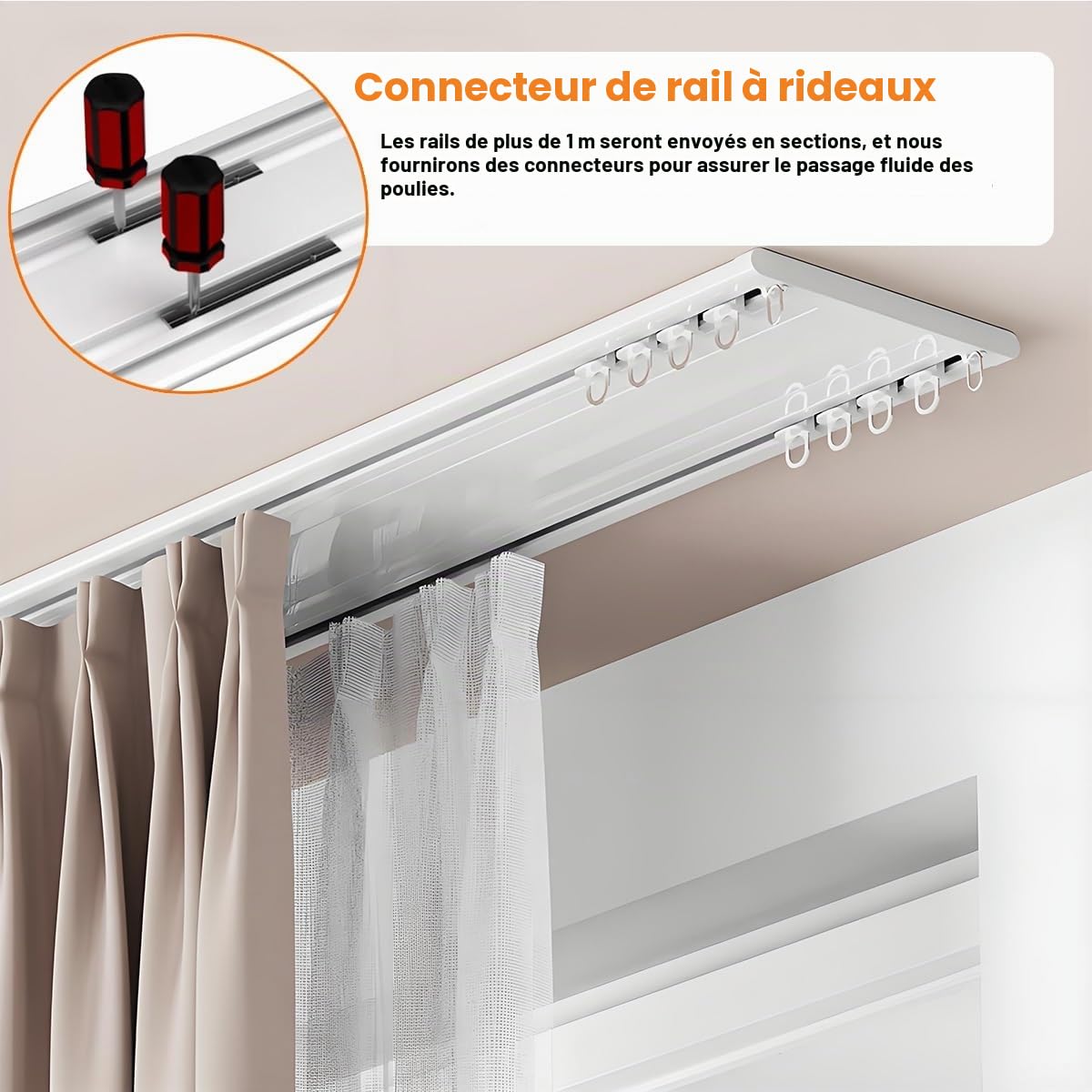 Rails de Rideau au Plafond à Rideaux à Double, Tringle de Rideaux à Rails à Double Rangée, 1-6m Rails Plafond Rideau en Aluminium pour Salon Chambre à Coucher(White,1.3m(4.3ft))