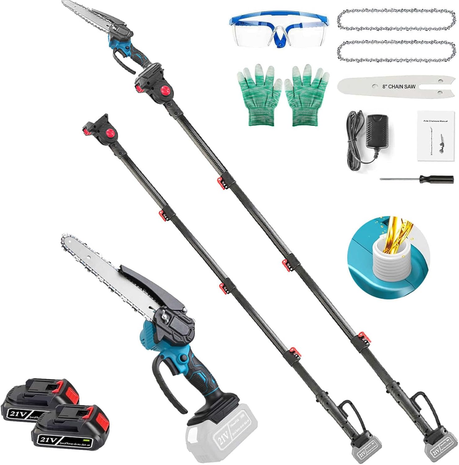 2-IN-1 Cordless 8 Inch Pole Saw, Upgraded Mini Chainsaw with Pole, 21V Electric Pole Chainsaw W/2Pcs 3.0Ah Battery & Auto Oiling, 35FT/S Speed, 14.2FT Max Reach,for Tree Branches Pruning, Wood Cutting