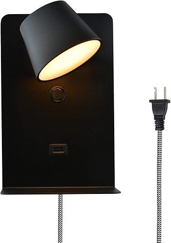Lámpara de pared para mesita de noche con luz LED de pared puerto de carga USB industrial de 5 V21 A acabado negro con estantes para dormitorio