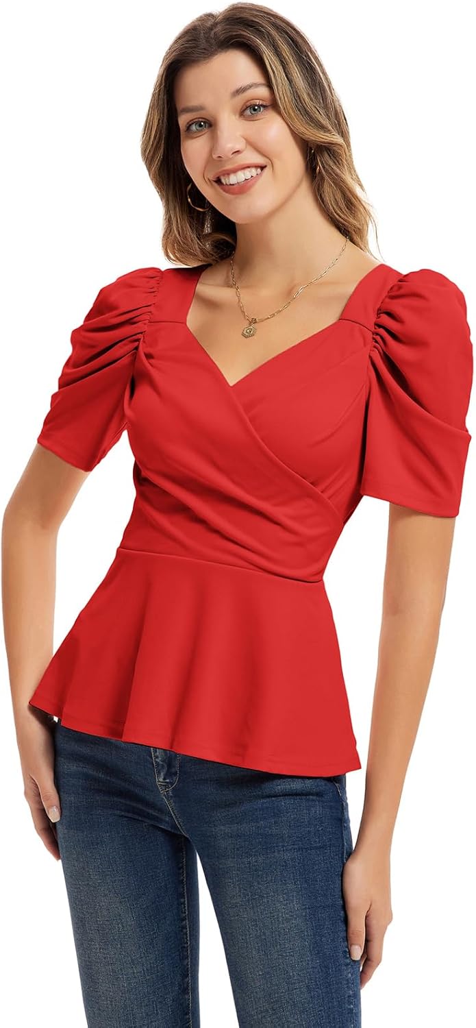GRACE KARIN 2025 Womens Tops Elegant Peplum Top Wrap V Neck Puff Short Sleeve Summer Tops Blouse - Image 3