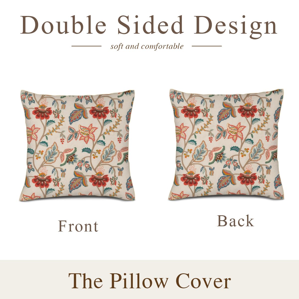Flowershave357 Blue Gold Red Coral Tan Jacobean Floral Pillow Cover - 18x18 Inch Cotton Linen Throw Pillow Case