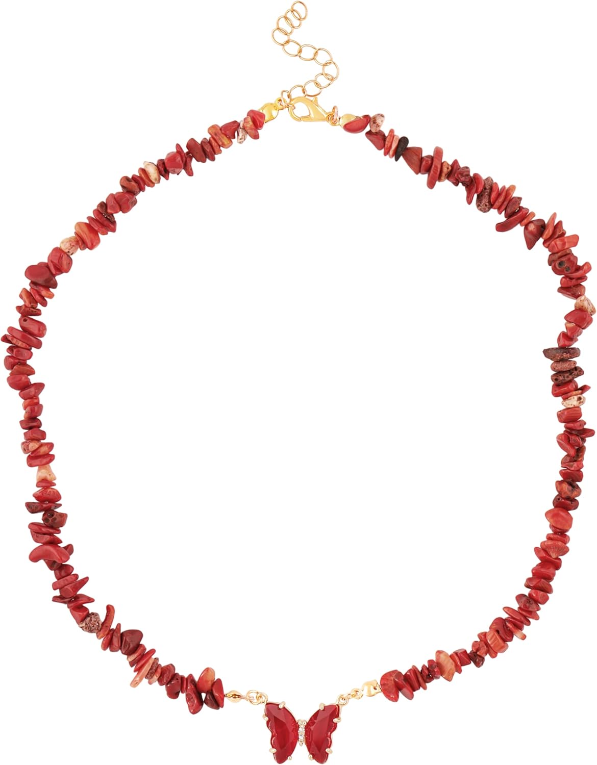 MINACHI Boho Carnelian Chip Bead Necklace with Red Butterfly Pendant, Adjustable Gold-Tone Clasp