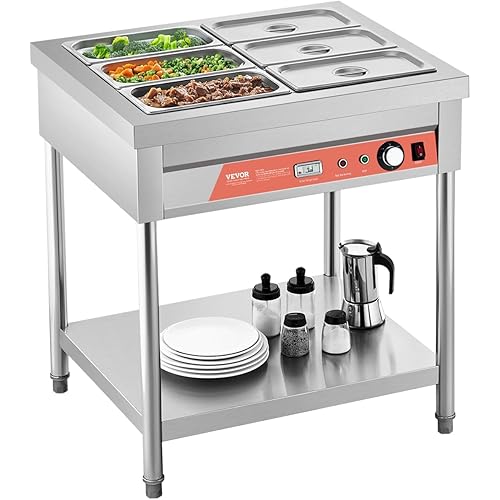 VEVOR 6-Pan Commercial Food Warmer, 6 x 1/3 Pans Electric Steam Table, 1500W Professional Buffet Catering Food Warmer with Undershelf, Stainless Steel Server for Restaurant Party Hotel