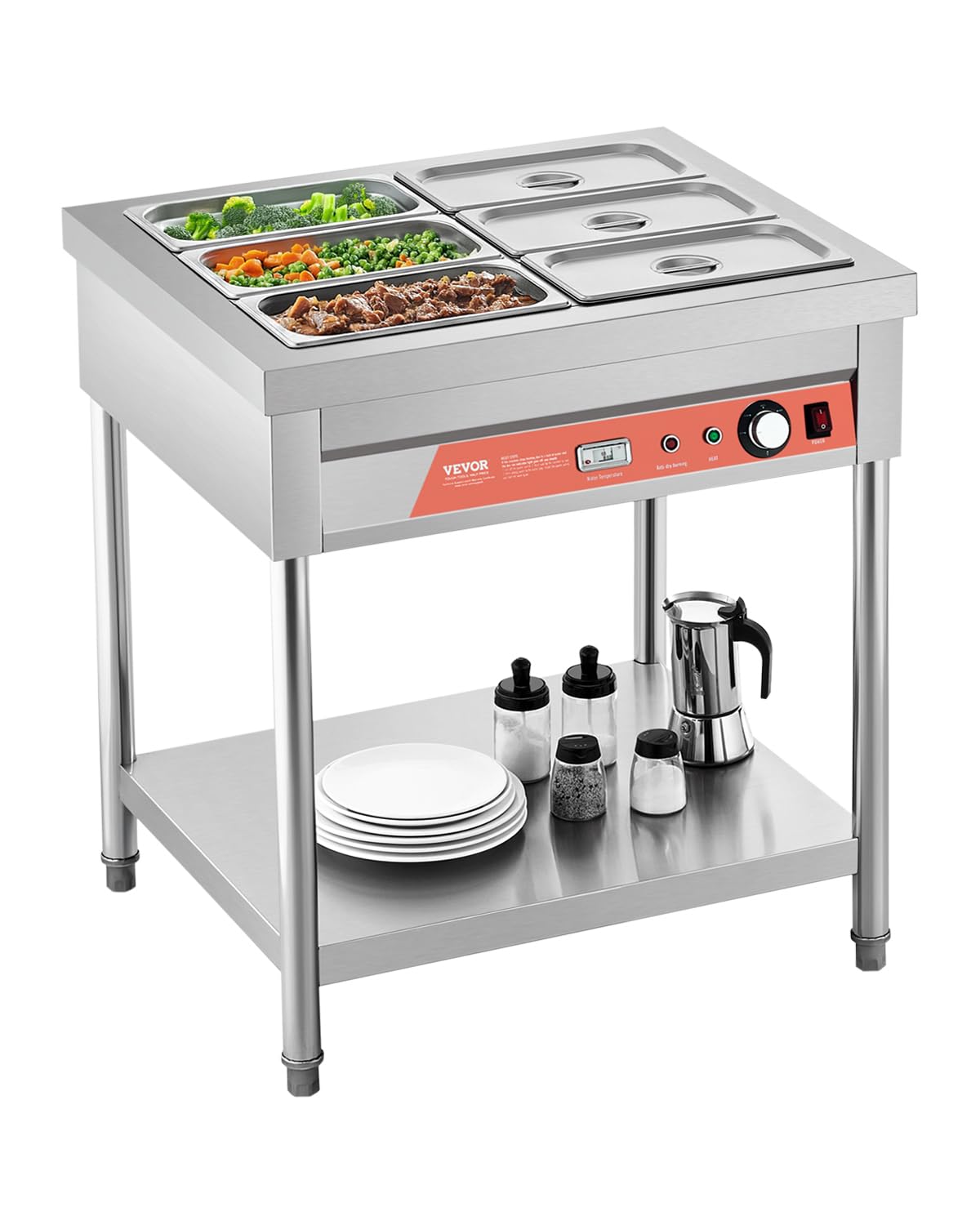 VEVOR 6-Pan Commercial Food Warmer, 6 x 1/3 Pans Electric Steam Table, 1500W Professional Buffet Catering Food Warmer with Undershelf, Stainless Steel