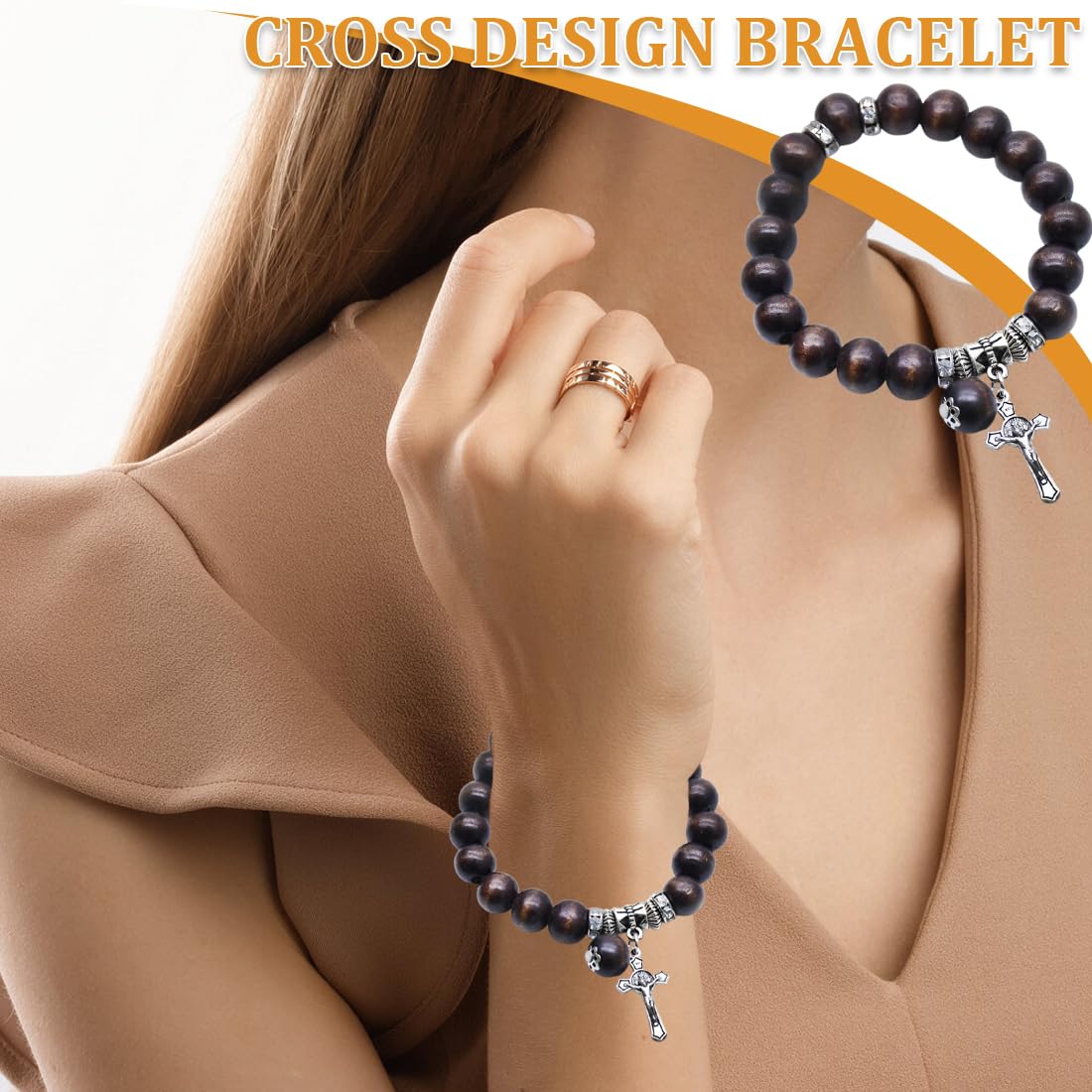 Perle in Legno per Rosario Cattolico con Croce in Bronzo Placcatura Bracciale Uomo Donna Marrone scuro