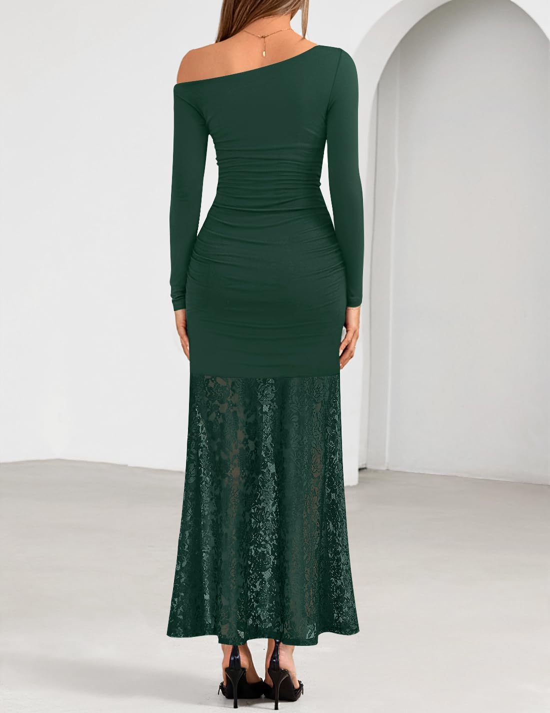 ZESICA Women's Long Sleeve Off Shoulder Bodycon Dresses Fall 2026 Ruched Lace Wedding Guest Cocktail Formal Maxi Dress - Image 4