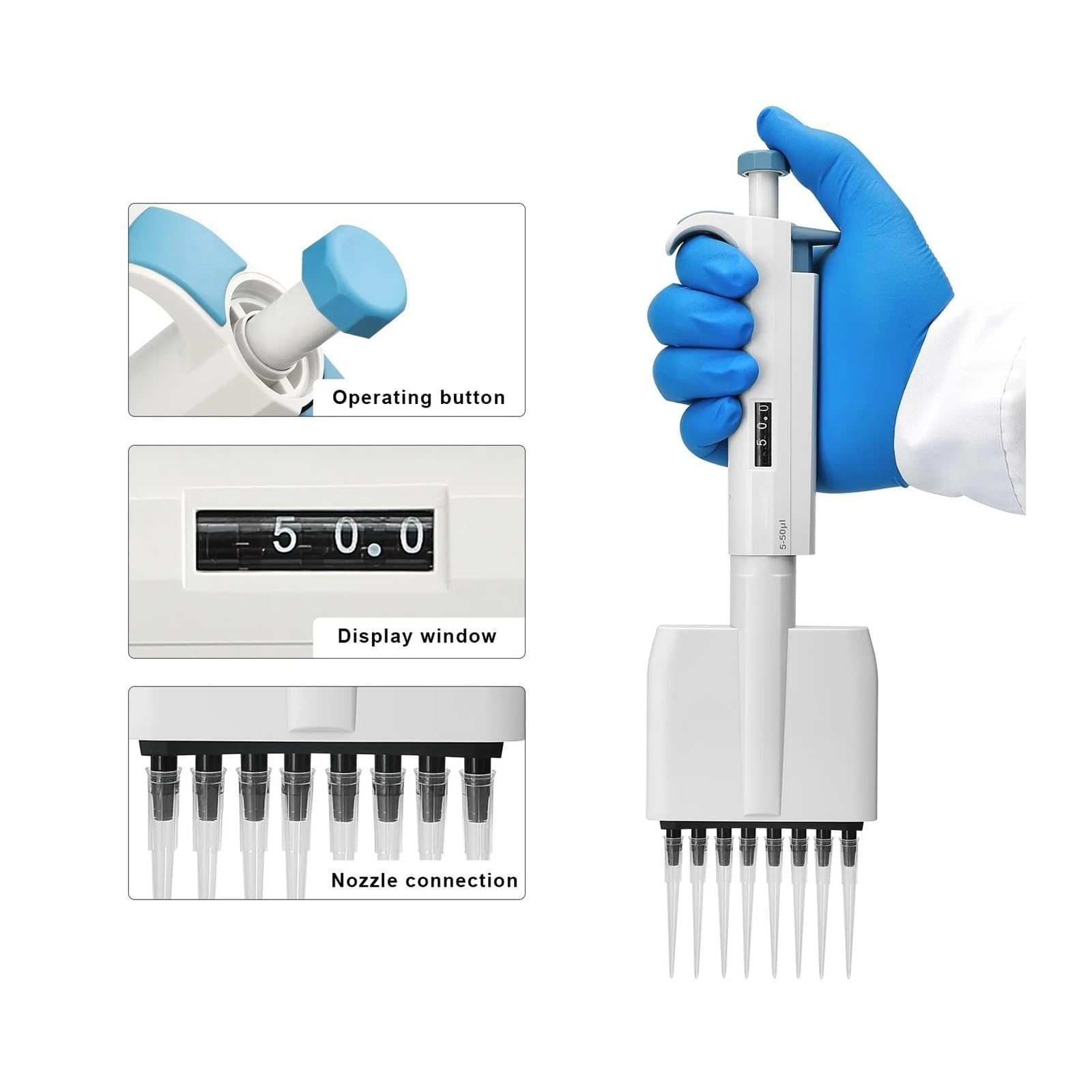 Micropipeta, Pipeta, Pistola de pipeta multicanal de volumen ajustable, 8 canales, equipo de laboratorio, maquinaria(0.5-5ml)
