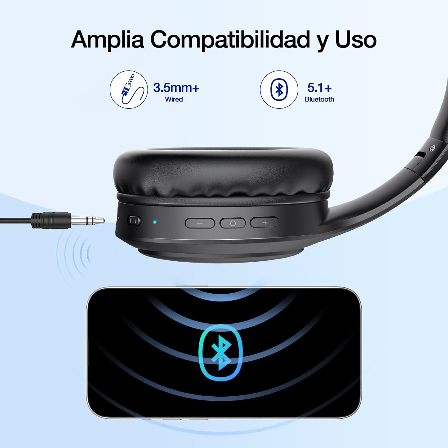 Headphones connected via 3.5mm audio cable to a smartphone