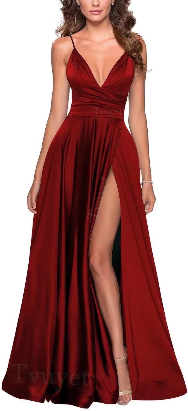 Women's Spaghetti Strap Satin Prom Dresses with Slit Long Ball Gown Sleeveless V-Neck Formal Evening Dresses