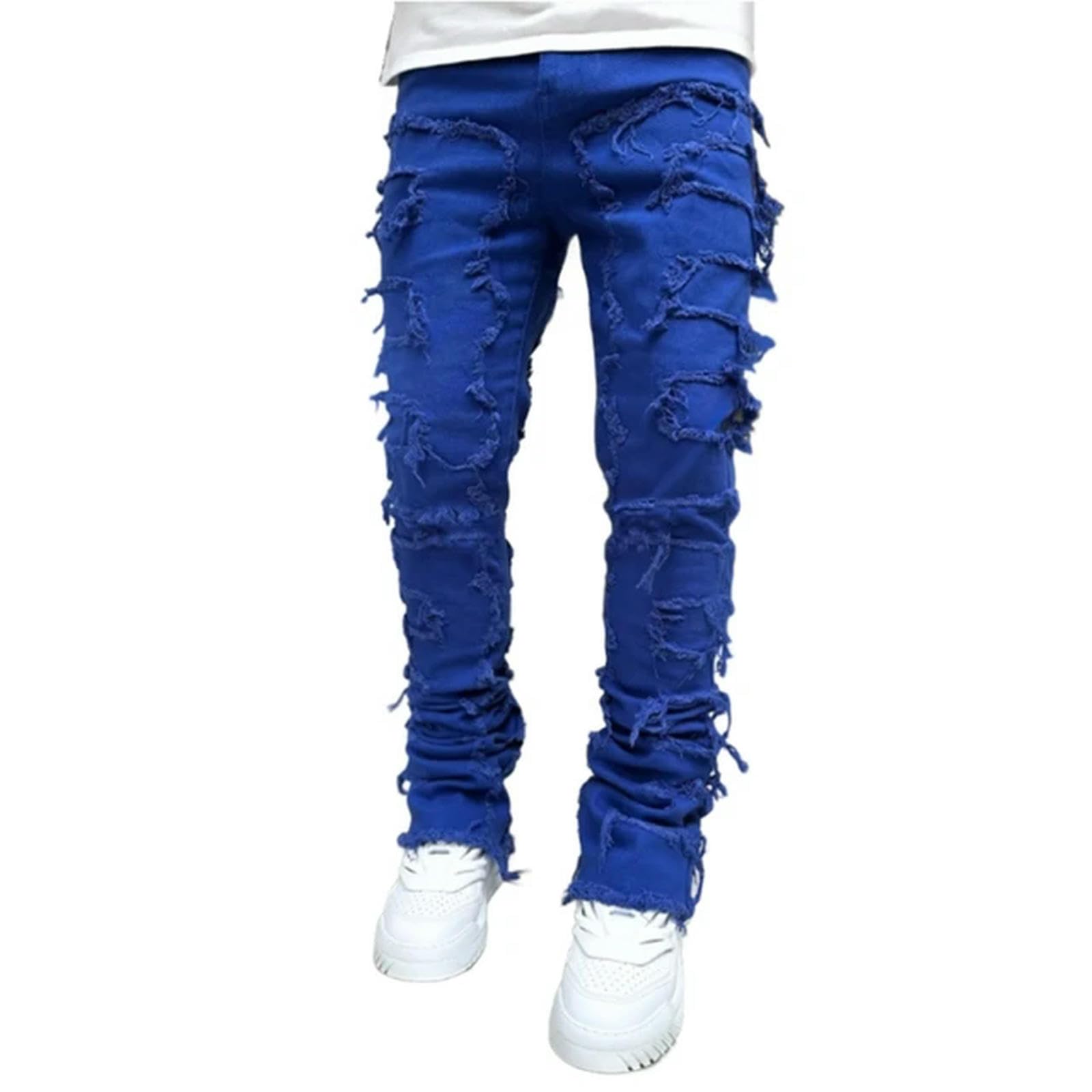 Pantaloni da Uomo in Denim Elasticizzato dal Taglio Dritto Jeans Effetto Consumato Strappati con Toppe-Blu-XL