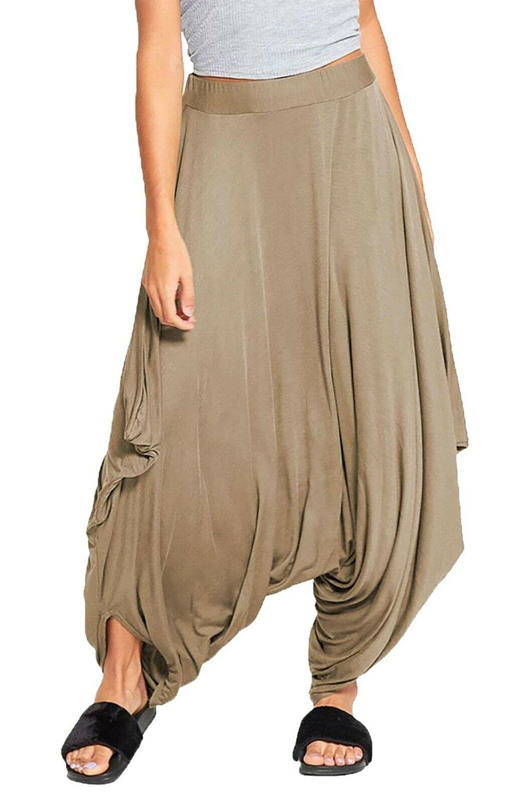 STAR FASHION New Women Ladies Alibaba Lagenlook Gathered Draped Baggy Harem Pants Loose Stretchy Trousers/Mocha/UK 8-14 (One Size)