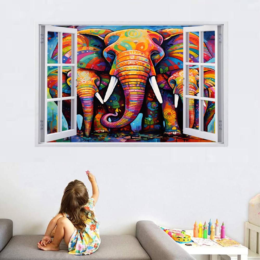 Effet De Mur Brisé 3D Éléphant Stickers Muraux Imperméables Art Psychédélique Coloré Sticker Mural En Vinyle Pour Décoration Murale De Chambre À Coucher Pour Enfants, Garçons, Filles 120x80cm