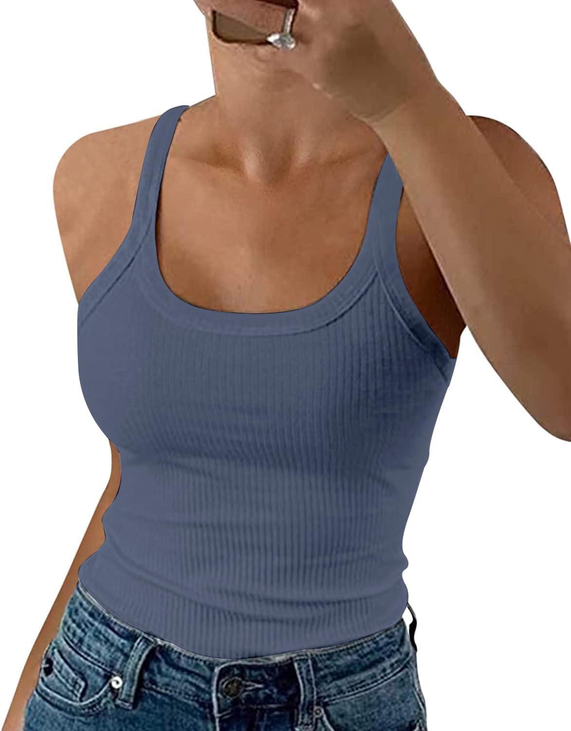 DUOEASE Spaghetti Top Damen Sommer 2025 Gerippt Rundhals Tank Top Basic Einfarbig Slim Fit Stretch Top