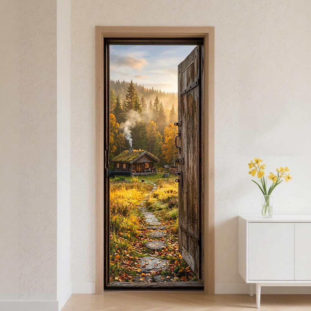 TNKBREEZE 2 Pcs 3D Farmhouse Door Sticker Autumn Cabin Peel and Stick Vinyl Full Door Decals Self-Adhesive Removable Covers Mural Home Decor for Bedroom Living Room Wardrobe 78.7"x15.7"