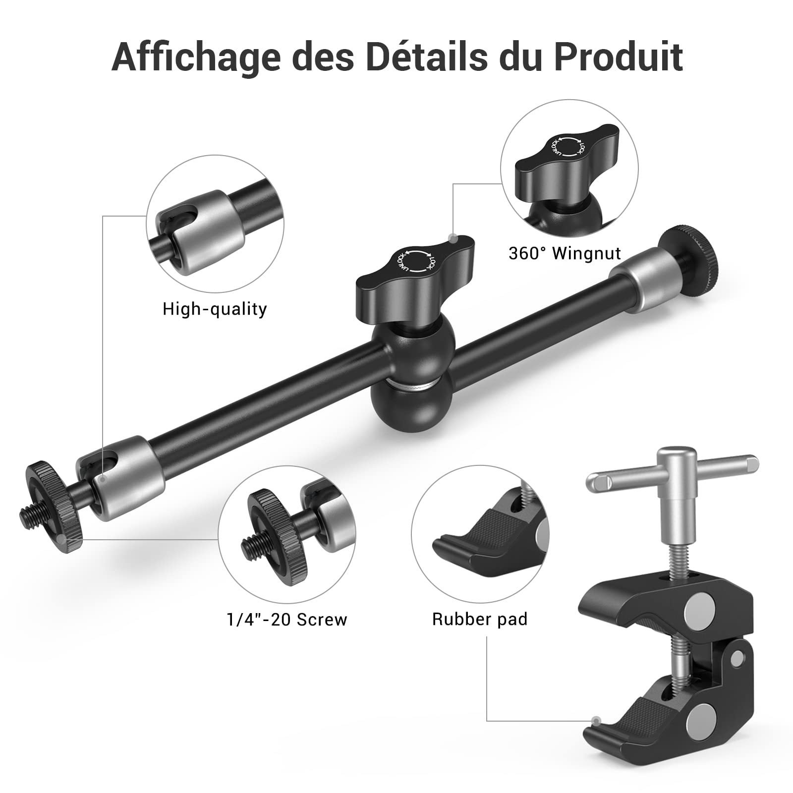SMALLRIG Super Clamp et Bras Magique Articulé à Friction Réglable de 10 Pouces avec Vis 1/4" pour Moniteur LCD/Lumières LED - 2732B