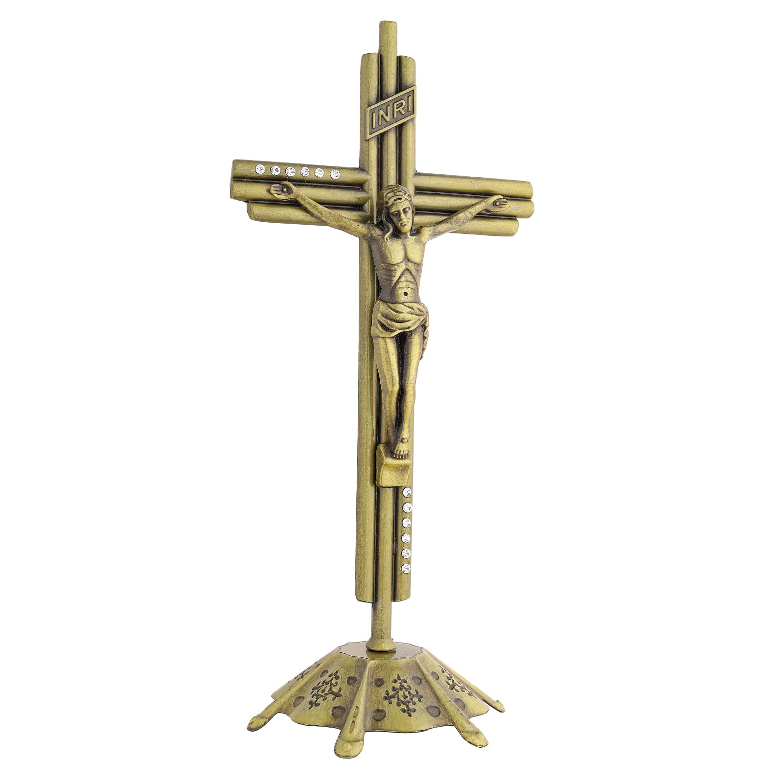 Imerance Crucifix Catholic 12 Inch Metal Crucifix Wall Cross Stand, Hanging or Tabletop with Stand for Home Decor, Living Room (Antique cyan-A)