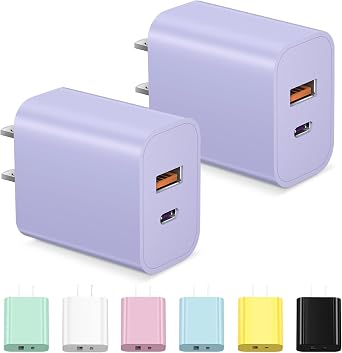 [2 Pack] USB C Charger Block Fast Charging Multiport Adpater iPhone 17 Charger Block 20W Type C Wall Charger Plug for iPhone 17/16/15/14/13/12/11/X/8, iPad, Galaxy, Google & More - Purple