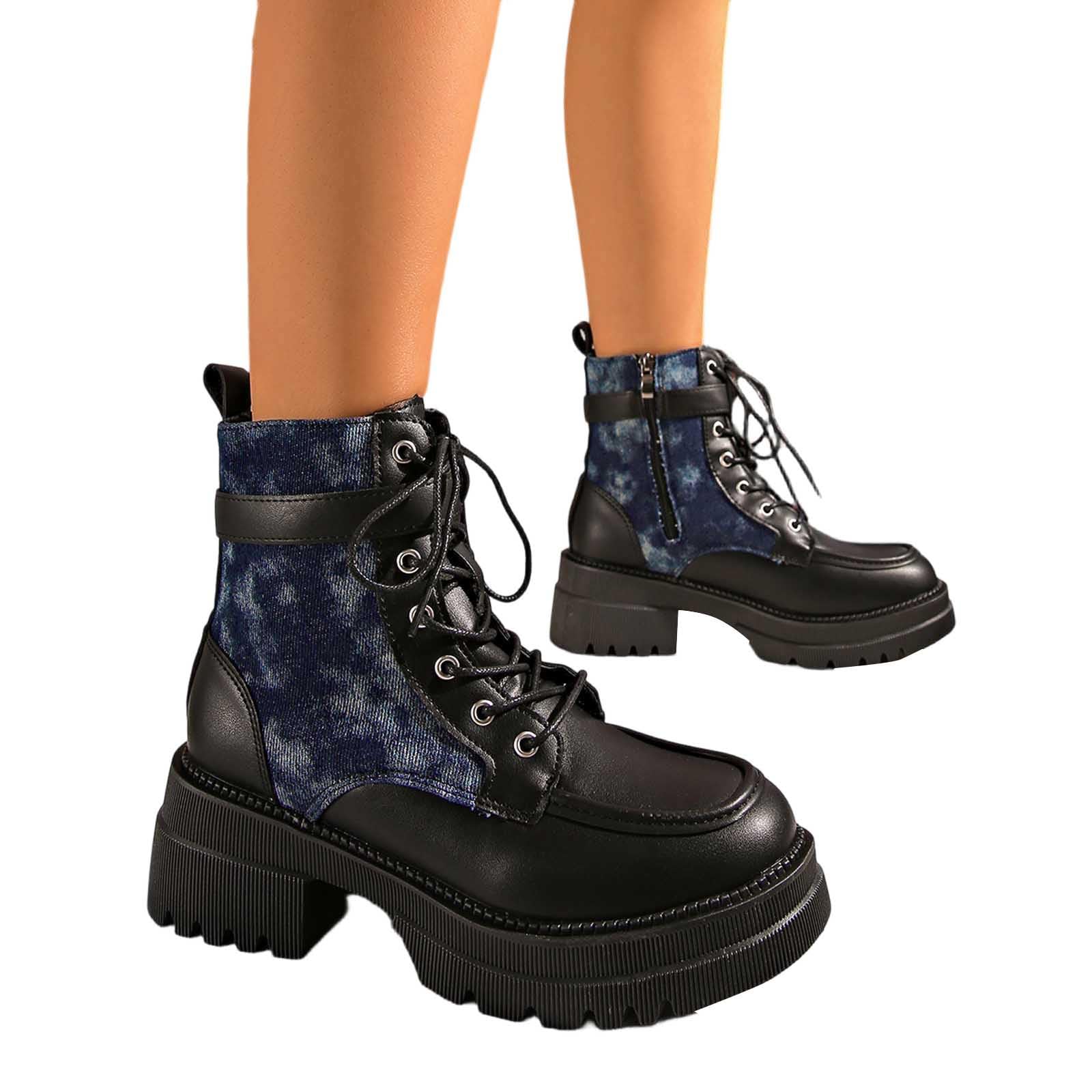 Generisch Botines con impresión artística de suela gruesa – Botines de tacón bajo con cordones ideales para excursiones informales y viajes de invierno