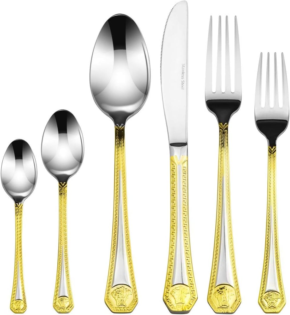 Italian Collection 85-Piece Premium Surgical Stainless Steel Silverware Flatware Set 18/10, Service for 12, 24K Gold-Plated Hostess Serving Set (Greek)