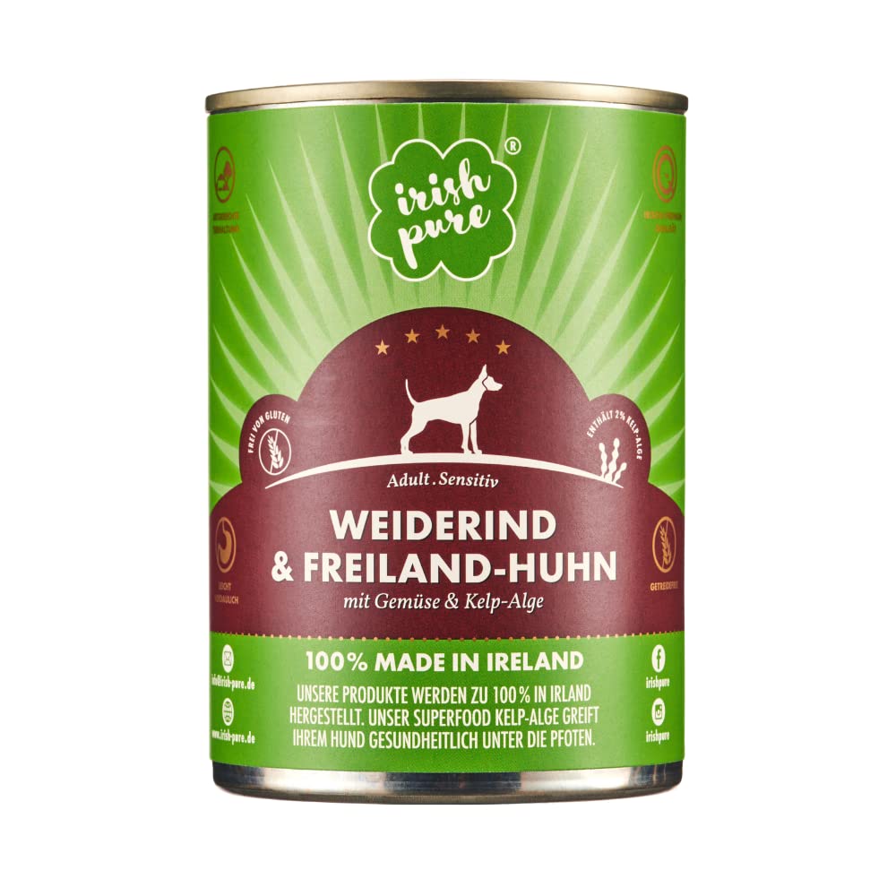 Irish Pure 12 latas de comida húmeda para perros, comida húmeda prémium irlandesa y pollo al aire libre, verduras y algas celp (12 latas de 390 g)