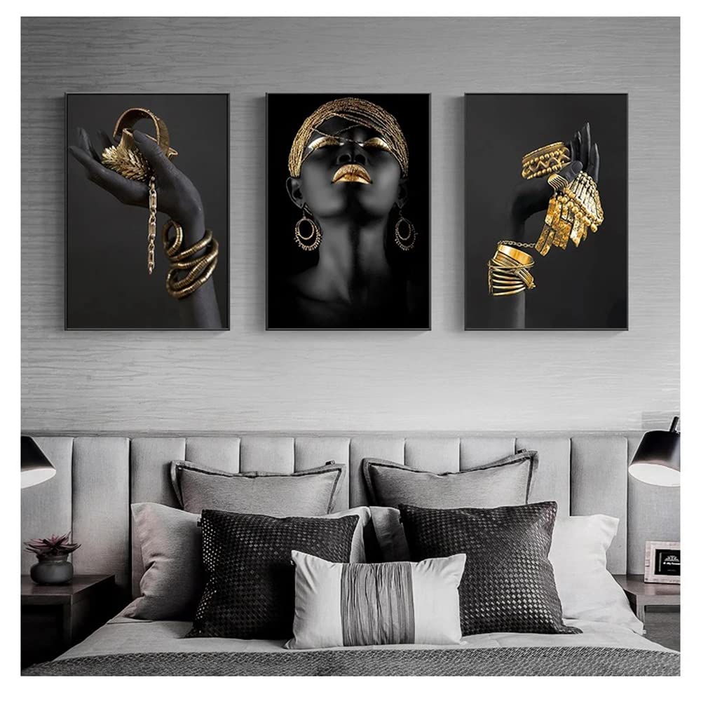 FSLEOVN Cuadro Negro Dorado Mujer Africana Cuadros Lienzo Mujeres Negras con Labios Dorados Imagen Salón Decoración Hogar Póster Sin Marco x3 (50 x 70 cm)