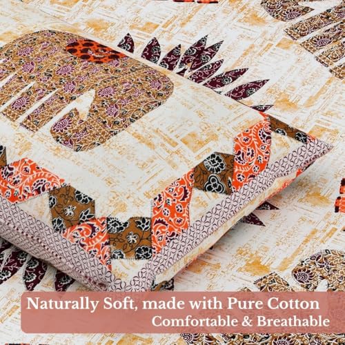 Image of Jaipur Weaves Jaipuri Double Bed Cotton Bedsheet Queen Size 90x100, 144 TC 100% Pure Cotton Bed Sheet with 2 Pillow Covers, Royal Elephants Traditional Print (Royal Elephants Orange)