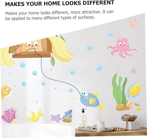 Miniatura 8 de Pegatina de pared de pesca de gatito para dormitorio de niños, calcomanías de pared para aula, decoración de pared bajo el mar, calcomanías de pared