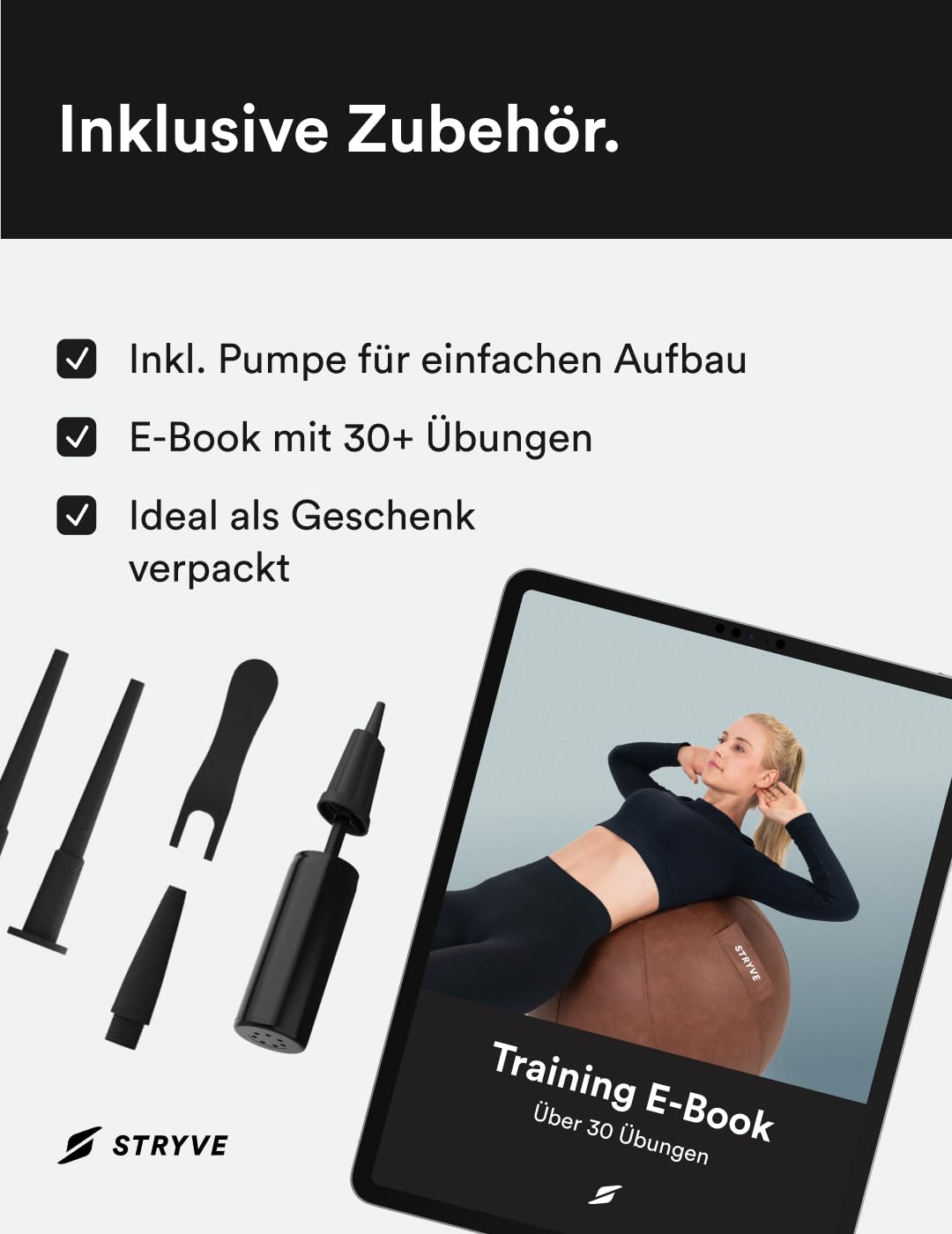 STRYVE Sitzball Büro 65cm - Ergonomischer Gymnastikball mit waschbarem Bezug und Wegrollschutz, inkl. Luftpumpe - Belastbar bis 150kg - Als Bürostuhl, Hocker (Stone Grey Kunstleder, 65)
