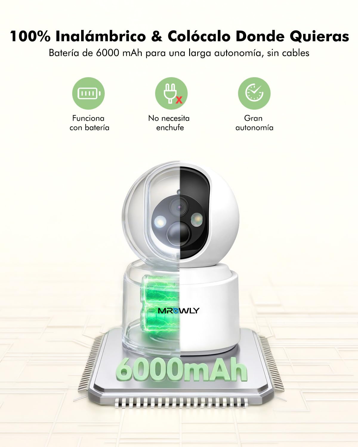 2.5K 4MP Camara Vigilancia WiFi Interior Sin Cable con Batería 6000mAh, 2.4/5GHz WiFi, 360° PTZ, Bebé/Animal/Seguridad para El Hogar, Detección PIR, Visión Nocturna Color, Conexión Bluetooth