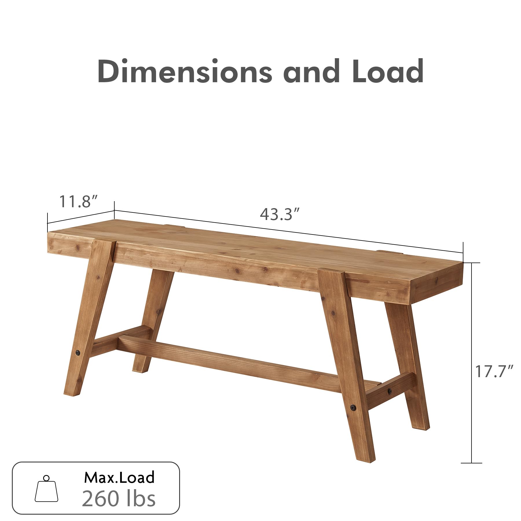 Farmhouse Solid Wood Entryway Bench – 43.4 Inches Rustic Long Bench, Dining Bench with Angled Legs, Hand-Finished Natural Grain, for Foyer, Hallway, Bedroom