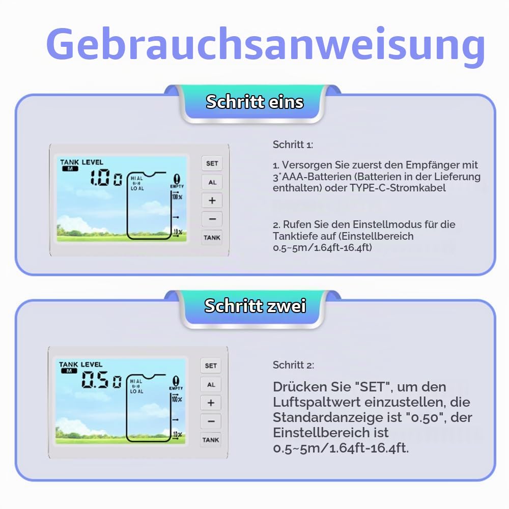 Kabellose Ultraschall-Füllstandsanzeige für Wassertanks mit Temperatursensor und Zeitanzeige