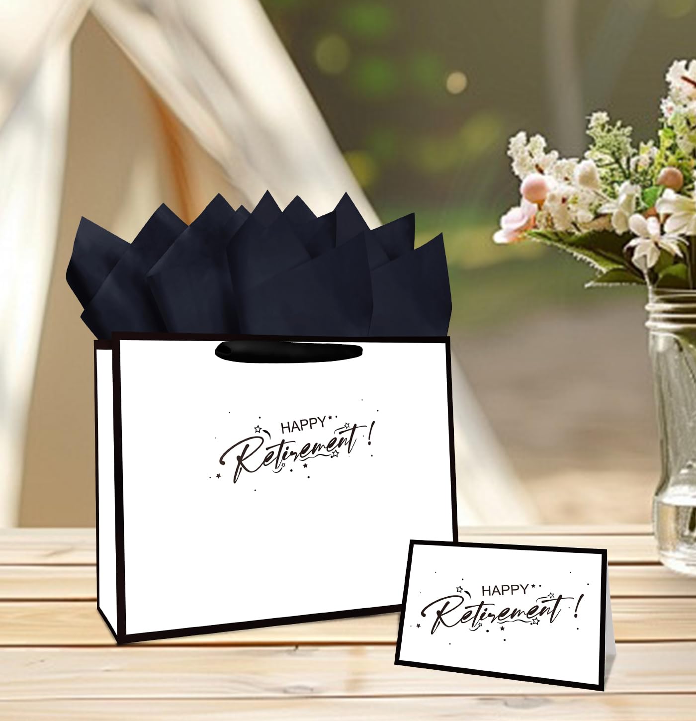 MUNILAIL 13 Inches Retirement Gift Bag Large White and Black Gift Bag with Handle Tissue Paper and Greeting Card for Women Men Retirement Going Away Farewell Party Large Paper Gift Bag