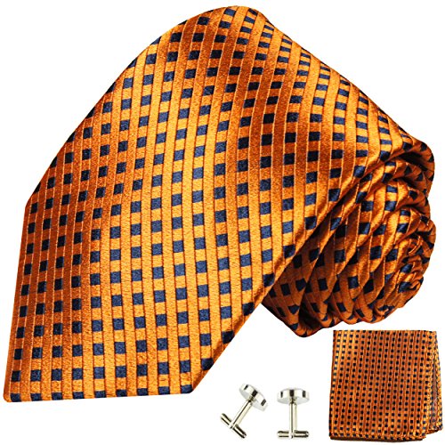 Paul Malone Necktie, Pocket Square and Cufflinks 100% Silk Orange Navy