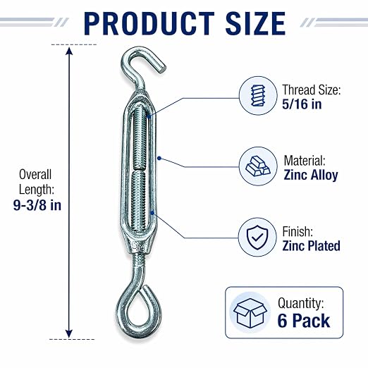 Tensor de cable 5/16" gancho y ojal, pack de 6 miniatura 4