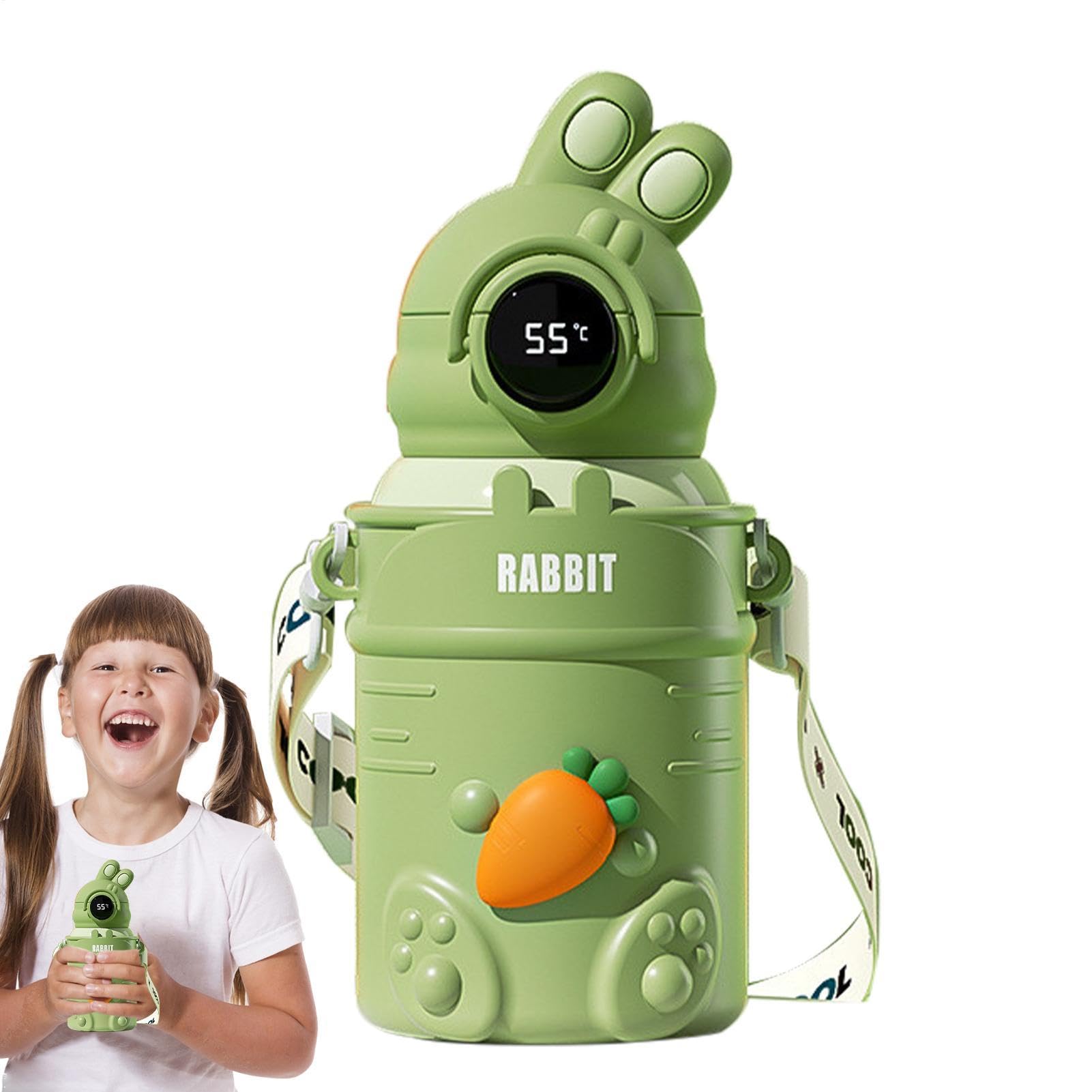 Borraccia con cannuccia, 500 ml, in acciaio , isolata, leggera | con display digitale della temperatura, a prova di perdite, per sport, con cinturino, per viaggi e scuola