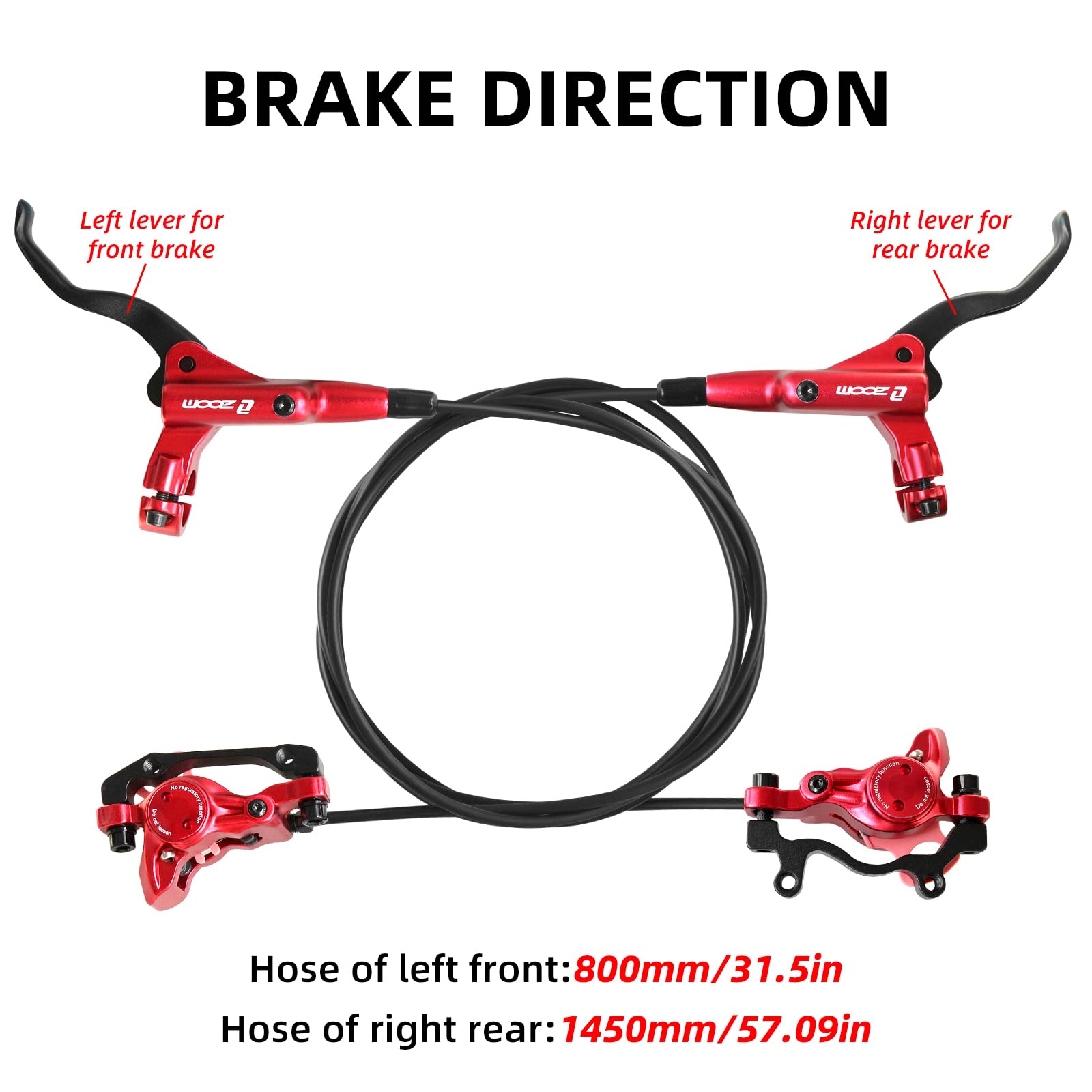 Z00M HB875 - Set di freni a disco idraulici per mountain bike, anteriore sinistro, 800 mm, posteriore destro, 1450 mm, freno idraulico in lega di alluminio, freno a disco per bici elettrica, fat bike