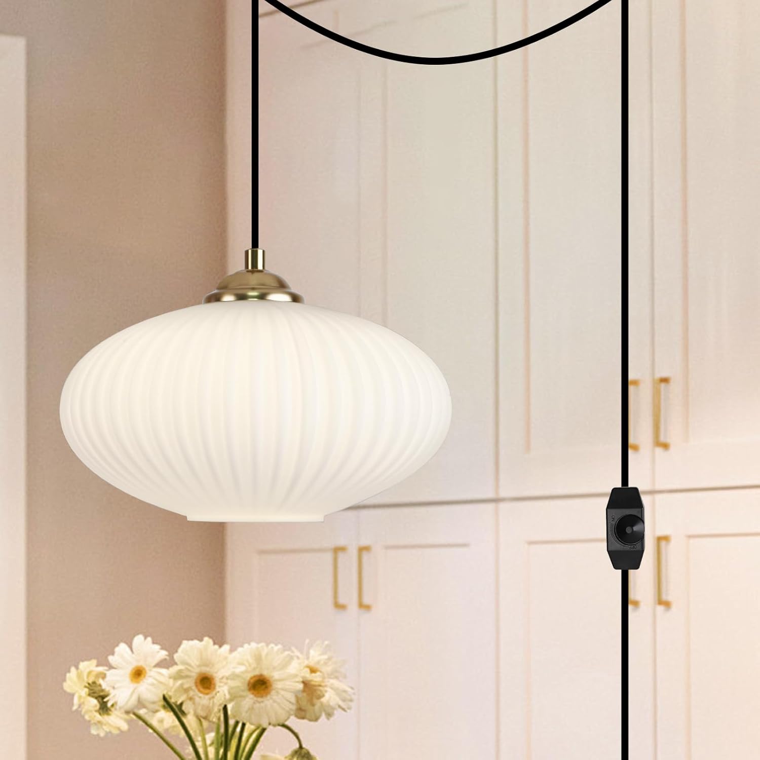 Plug in Gold Globe Pendant Light, Mid Century Pendant Lighting Brushed Brass Modern Milk Glass Lighting Fixture for Kitchen Island, Dining Room, Living Room